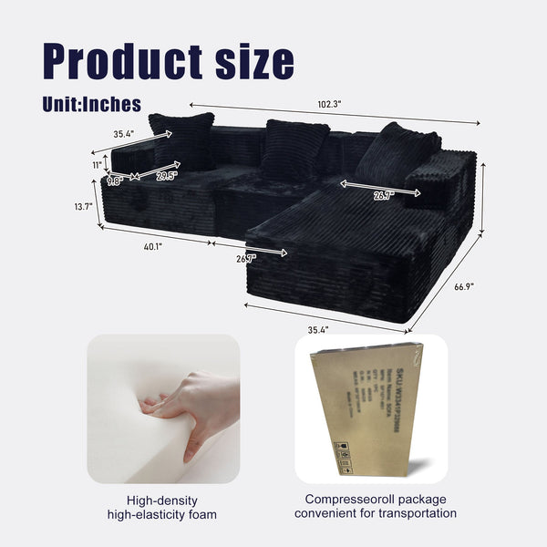 English Elm Compression Sectional Couch Plush Corduroy Chaise L-Shape Sleeper, Deep Seat Modular Sofa Black W3341P346292