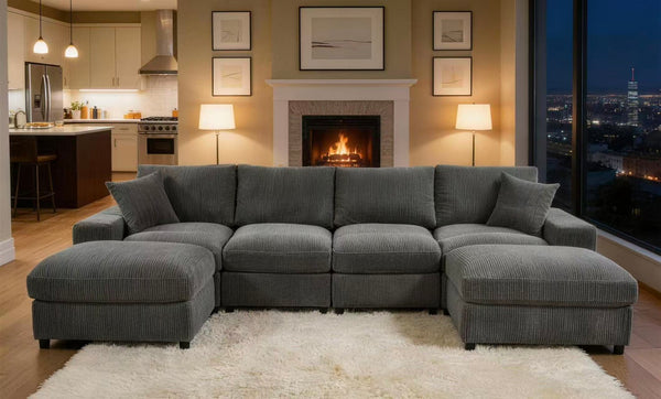 English Elm Sectional with Ottomans Low Profile Modern Minimalist Sofa for Open Living Rooms Dark Gray B2748S00091