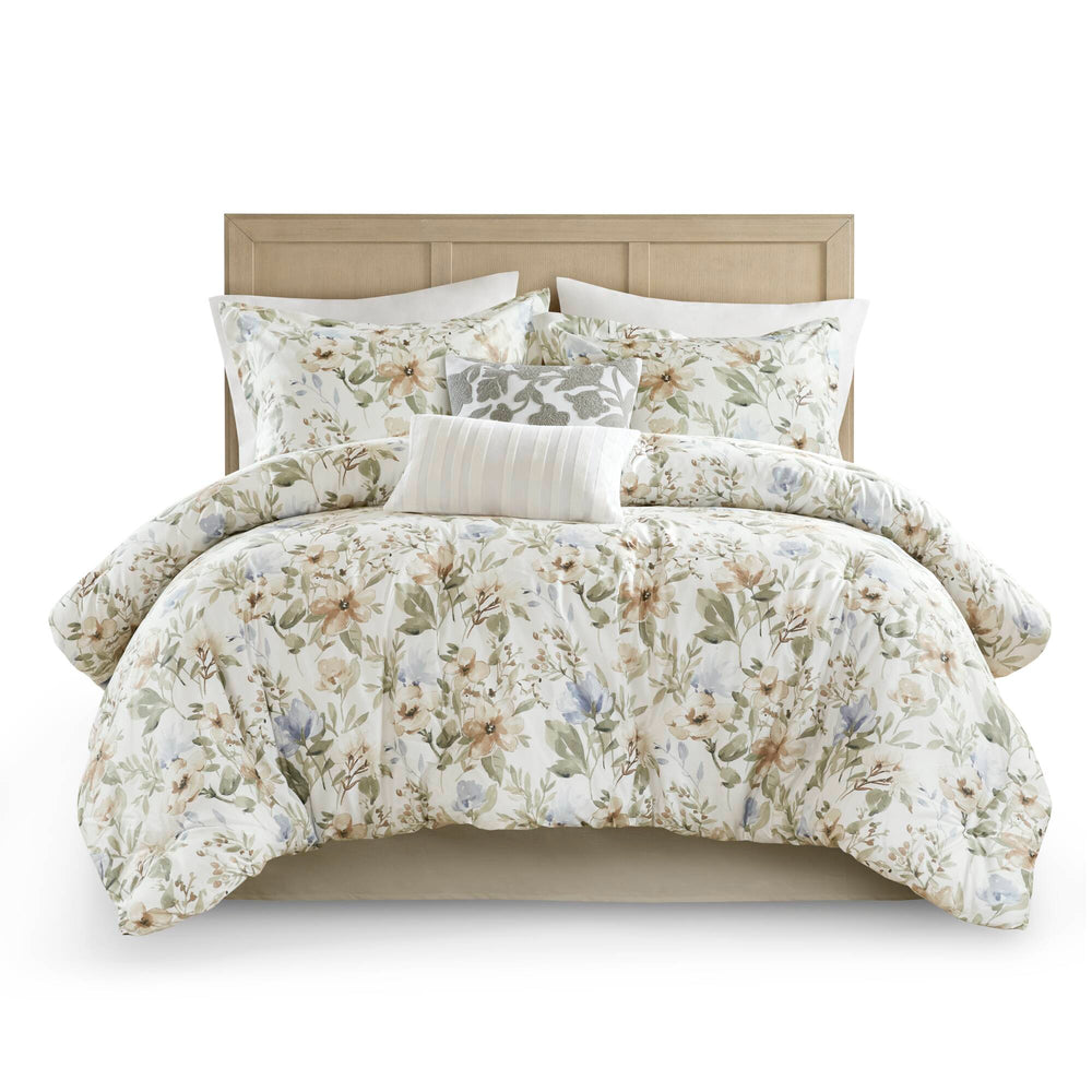 JLA Home Harbor House Blue - 6 Piece Cotton Sateen Print Oversized Comforter Set with Floral Embroidery, 300TC, Oeko-Tex, Plush HH10-1877