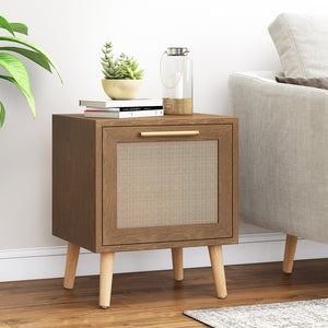 English Elm Christopher Knight Home® - END TABLE Walnut Contemporary Engineered Wood with Rattan Accents, Drawer Storage & Antique Gold Pull 71097.00