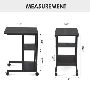English Elm Shaped End Table with Lockable Wheels and Two-Tier Storage — C-Shape Rolling Side Table for Sofa Black,Oak T3623P409437