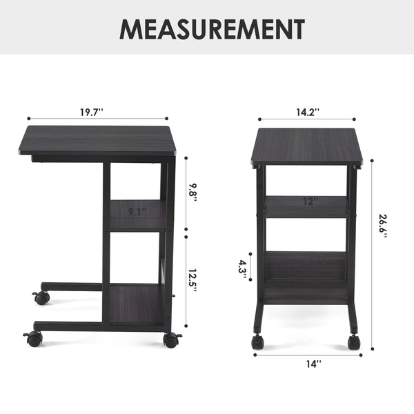 English Elm Shaped End Table with Lockable Wheels and Two-Tier Storage — C-Shape Rolling Side Table for Sofa Black,Oak T3623P409437