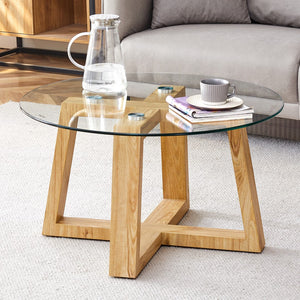 English Elm Modern Practical Circular Coffee Tables. Made Of Transparent Tempered Glass Tabletop and Wood Colored Mdf Material. Suitable For Living Rooms and Bedrooms.31.5"*31.5"*17.7"