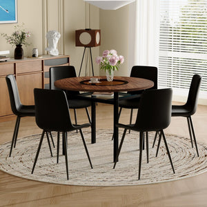 English Elm Table Set 42 Inch Round Wood Grain Glass Inlay with Six Tech-fabric Dining Chairs Brown+Black W1151S04482