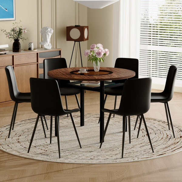 English Elm Table Set 42 Inch Round Wood Grain Glass Inlay with Six Tech-fabric Dining Chairs Brown+Black W1151S04482