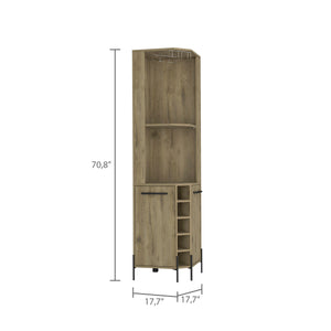 English Elm Hans Corner Bar Cabinet Macadamia Oak Finish with 5 Bottle Wine Rack, 9pc Stemware, 2 Shelves, Storage B070S00181