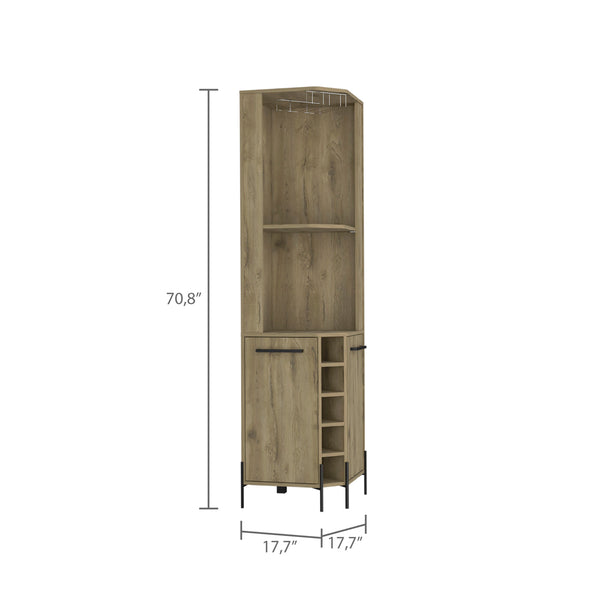 English Elm Hans Corner Bar Cabinet Macadamia Oak Finish with 5 Bottle Wine Rack, 9pc Stemware, 2 Shelves, Storage B070S00181