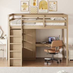 English Elm Wood Full Size Loft Bed with Built-In Desk, Wardrobe, Shelves & Drawers for Space-Saving Rooms Walnut GX000466AAD