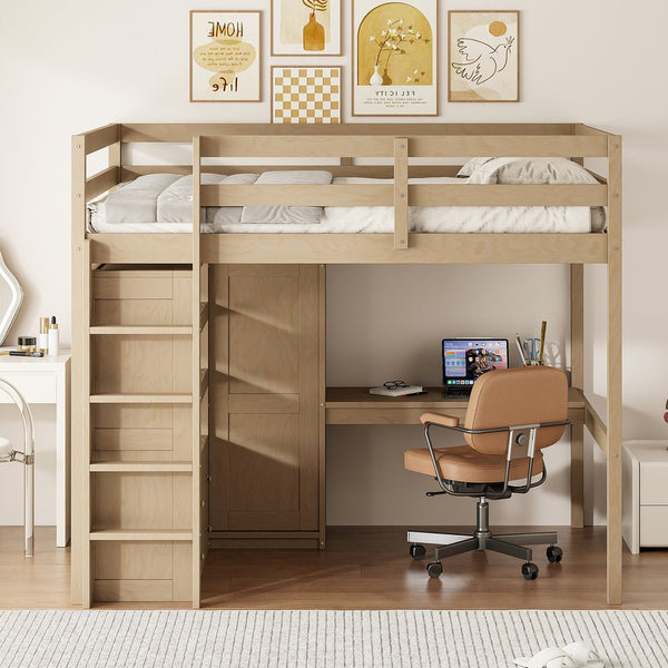 English Elm Wood Full Size Loft Bed with Built-In Desk, Wardrobe, Shelves & Drawers for Space-Saving Rooms Walnut GX000466AAD
