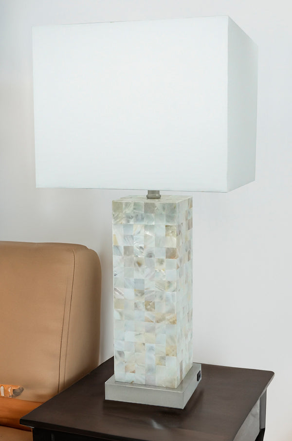 English Elm Modern Mother-of-Pearl Mosaic Table Lamp 2pc Set – Chrome Base, Touch LED, USB Port, Soft Diffused Glow B2741P370422