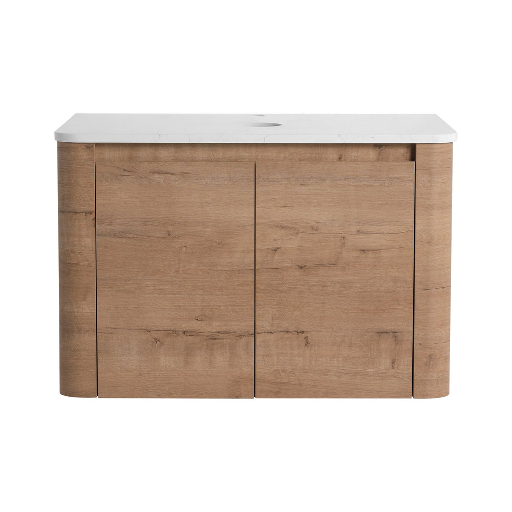 English Elm 30'' Wall-Mounted Bathroom Vanity with Soft-Close Doors, Rounded Edges, Plywood Durability, Space-Saving Imitative Oak W999P348977