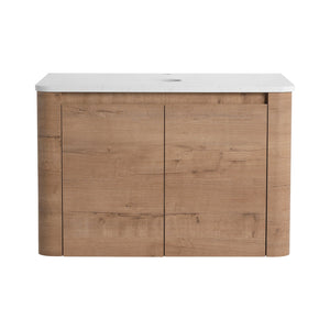English Elm 30'' Wall-Mounted Bathroom Vanity with Soft-Close Doors, Rounded Edges, Plywood Durability, Space-Saving Imitative Oak W999P348977