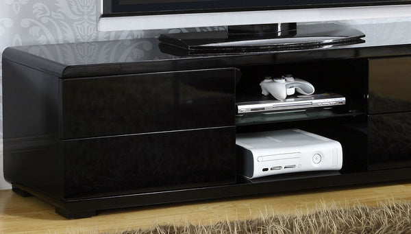 English Elm Black High Gloss Lacquer TV Console 59"W with Full-Extension Drawers, Open Shelves & Rear Access B2741P362546