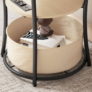 English Elm Coffee Round End Table 3 Tier with Built-in Charging Station Natural Wood Steel Frame T3971P390441