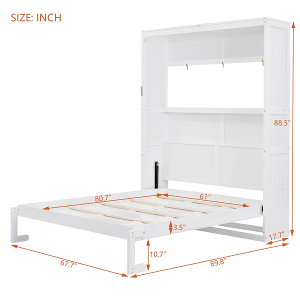 English Elm Queen Murphy Wall Bed with Integrated Shelving Foldable Mdf Cabinet for Guest Rooms White LP000693AAK-3