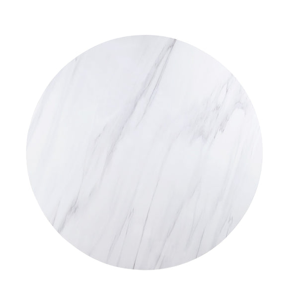 English Elm Round Elegant Pedestal Dining Table with White Faux Marble Top and Weathered Espresso Carved Base B016S00013