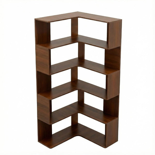 English Elm 6 Tier Corner Bookcase Tall L Shaped Walnut Mdf Open Shelving Unit for Home Office W3204P442028