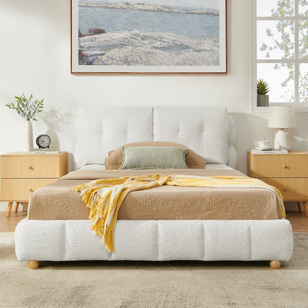 English Elm Queen Bouclé Upholstered Platform Bed Tufted Cloud Headboard Low Profile Frame W1413S00183