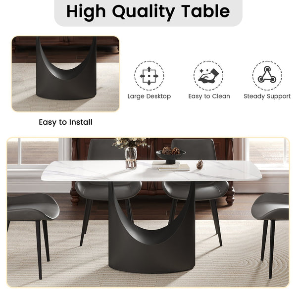 English Elm 63" Modern Sintered Stone Dining Table With Curved White Panel & Black Iron Legs - Seats 6-8 People! W1535S00558