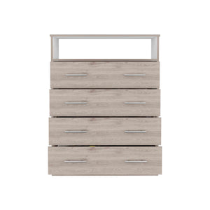English Elm Four Drawer Dresser with Superior Top and Open Shelf, Engineered Wood, Metal Hardware, Modern Storage Multicolor 47 L x 21 W x 4 H B097S00141