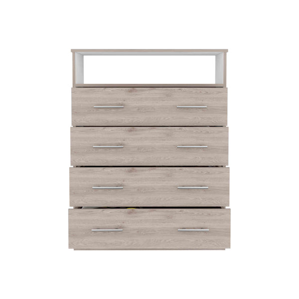 English Elm Four Drawer Dresser with Superior Top and Open Shelf, Engineered Wood, Metal Hardware, Modern Storage Multicolor 47 L x 21 W x 4 H B097S00141