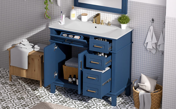English Elm 36" Navy Bathroom Vanity Solid Wood Frame Ceramic Sink Gold Hardware Soft Close Blue N729P380151C