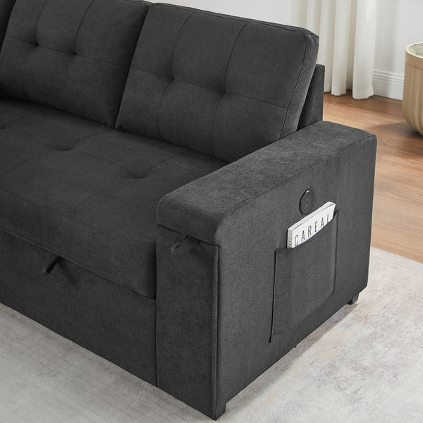 English Elm Toby Woven Fabric Sleeper Sectional with Storage Chaise Usb Ports and Coil Support Black B061S00955