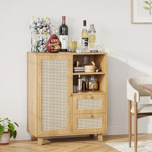 English Elm Rattan Cane Front Sideboard with Drawers Adjustable Shelf Bohemian Storage Cabinet Natural T3623P434728