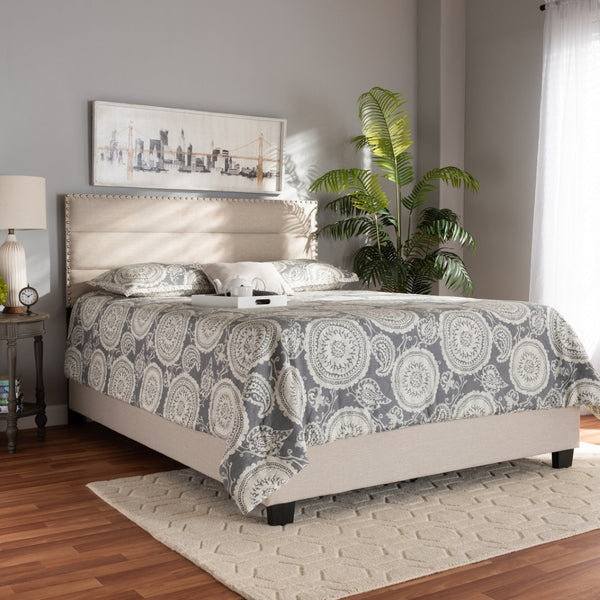 Baxton Studio Baxton Studio Ansa Modern Upholstered Twin Bed with Channel Tufting and Silver Nailhead Trim Beige Queen CF9084C-Beige-Queen