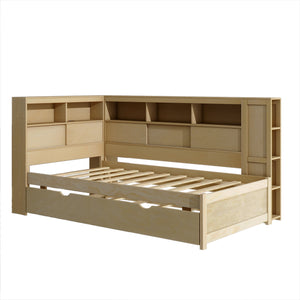 English Elm Twin Daybed with Built-In Shelves, USB Port & Trundle — Solid Pine Frame, Sturdy Storage and Smooth Wheels for Space-Saving Sleep Solutions Natural GX000467AAN