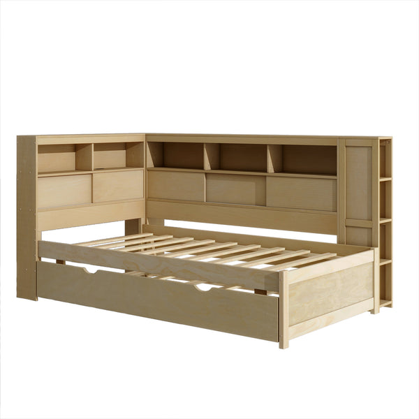 English Elm Twin Daybed with Built-In Shelves, USB Port & Trundle — Solid Pine Frame, Sturdy Storage and Smooth Wheels for Space-Saving Sleep Solutions Natural GX000467AAN