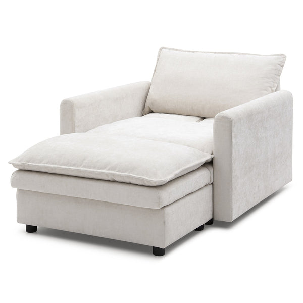 English Elm Chenille Plush Sofa Bed with Ottoman — Space-Saving Modern Single Couch, Stain-Resistant Beige Lounge (1-Seat) W1117S00278