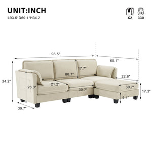 English Elm 93-inch L-shaped Sectional Sofa Cotton Linen Fabric Modular Storage Armrest Living Room W3480S00005
