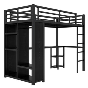 English Elm Twin Xl Loft Bed Frame With Desk & Wardrobe, Space-Saving Metal Design With Storage Shelves, Black W1580S00119-GIGA