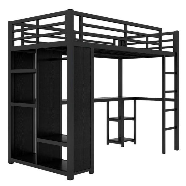 English Elm Twin Xl Loft Bed Frame With Desk & Wardrobe, Space-Saving Metal Design With Storage Shelves, Black W1580S00119-GIGA