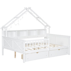 English Elm Wood Full Size Gaming Loft Bed with Integrated Desk, Shelves, LED Lighting & Hanging Clothes Rack White N7090001044K