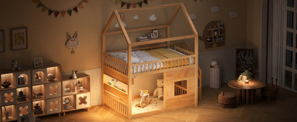 English Elm Full Size Solid Wood House Bed with Led Shelf Lighting for Kids Bedroom Natural N7500005026N