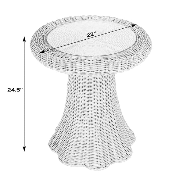 Flora Round Glass Top & Rattan Scalloped End table 9759404 Light Brown Butler Specialty
