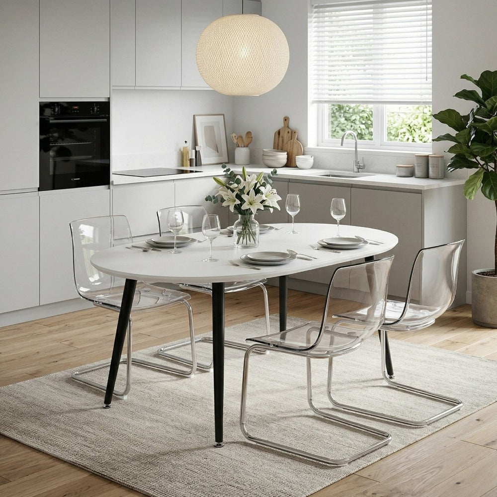 English Elm Pull Extendable Round Dining Set White Mdf Top Clear Acrylic Chairs Modern Minimalist W2920S00135