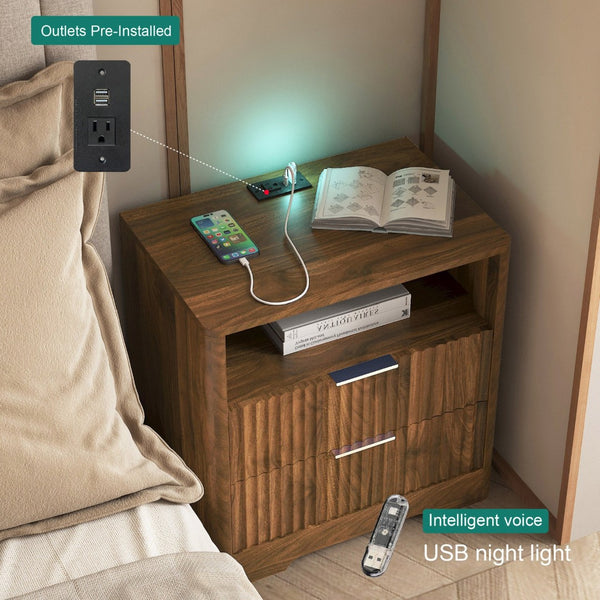English Elm Nightstand Wood Cabinet with Usb Charging Ports Voice Light and Bedroom Storage W1321P399416