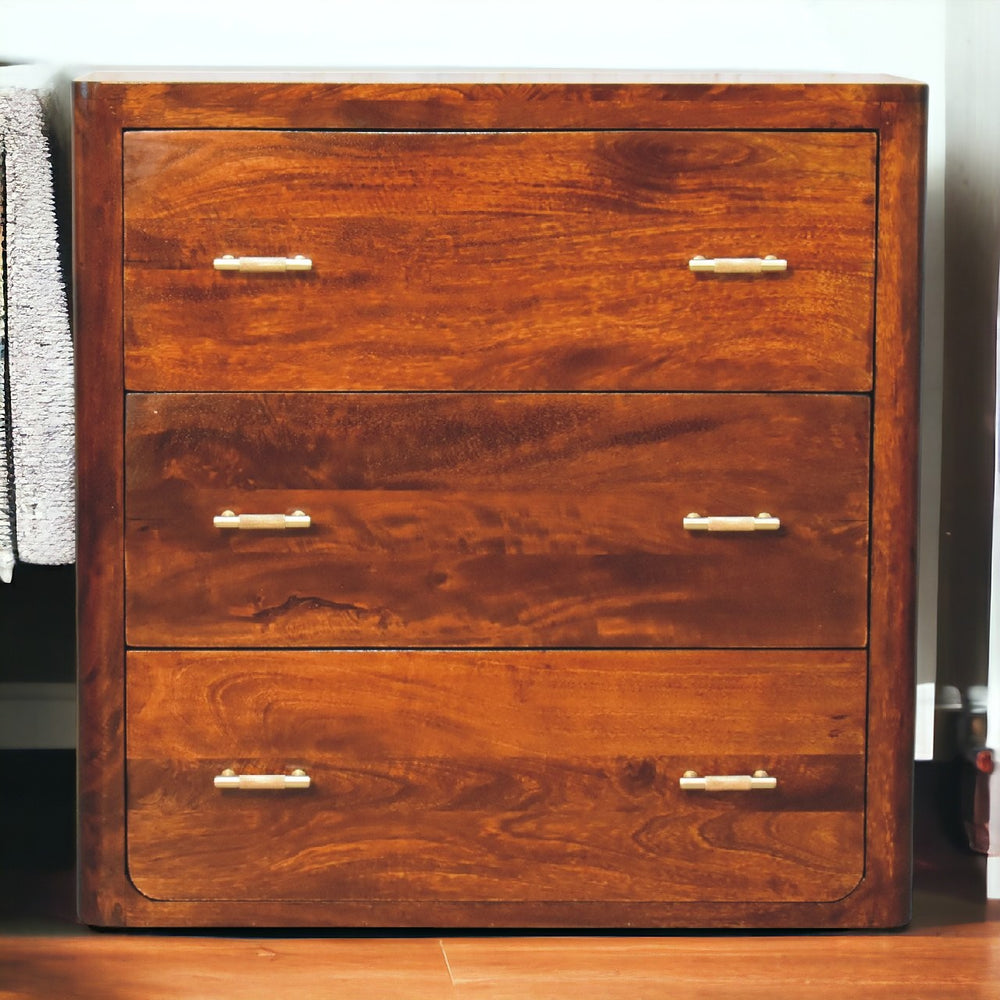 English Elm Luca Solid Mango Wood Chest of Drawers 3-Drawer Chestnut Finish with Gold Bar Knobs, Handcrafted (94) B182P315305