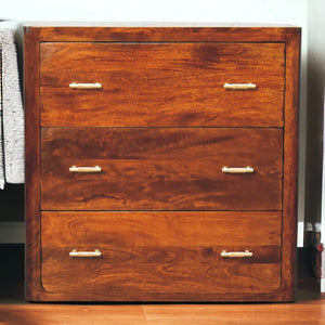 English Elm Luca Solid Mango Wood Chest of Drawers 3-Drawer Chestnut Finish with Gold Bar Knobs, Handcrafted (94) B182P315305
