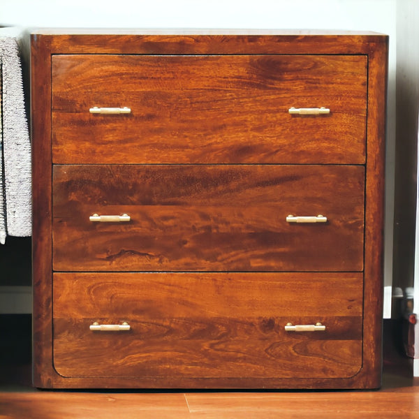 English Elm Luca Solid Mango Wood Chest of Drawers 3-Drawer Chestnut Finish with Gold Bar Knobs, Handcrafted (94) B182P315305