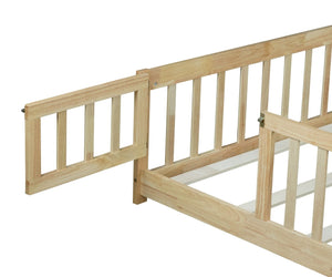 English Elm Full Size Rubberwood Floor Bed with Safety Guardrails and Latching Door for Toddlers Natural W504P429299