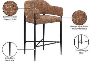 Meridian Furniture Dame Woven Polyester Upholstered Counter Stool with Sturdy Matte Black Iron Frame for Kitchen Cognac 975Cognac-C