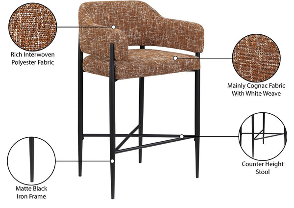 Meridian Furniture Dame Woven Polyester Upholstered Counter Stool with Sturdy Matte Black Iron Frame for Kitchen Cognac 975Cognac-C