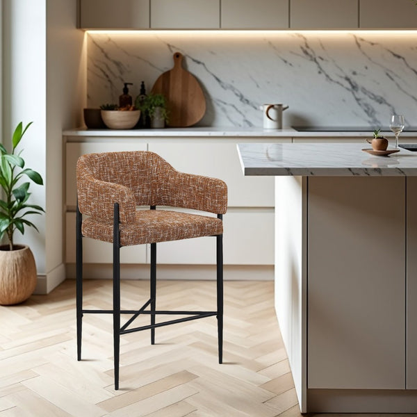 Meridian Furniture Dame Woven Polyester Upholstered Counter Stool with Sturdy Matte Black Iron Frame for Kitchen Cognac 975Cognac-C