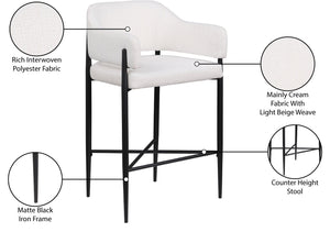 Meridian Furniture Dame Woven Polyester Upholstered Counter Stool with Sturdy Matte Black Iron Frame for Kitchen Cream 975Cream-C