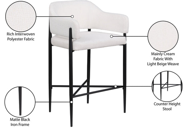 Meridian Furniture Dame Woven Polyester Upholstered Counter Stool with Sturdy Matte Black Iron Frame for Kitchen Cream 975Cream-C