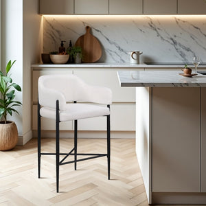 Meridian Furniture Dame Woven Polyester Upholstered Counter Stool with Sturdy Matte Black Iron Frame for Kitchen Cream 975Cream-C